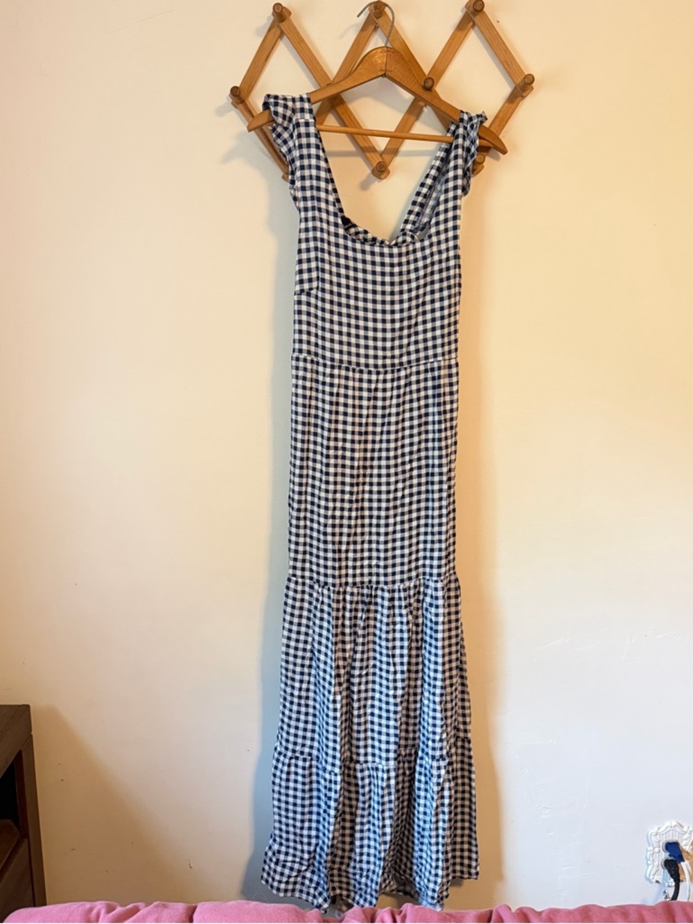 NWT Navy and White Gingham Tiered Maxi Dress with Open Back